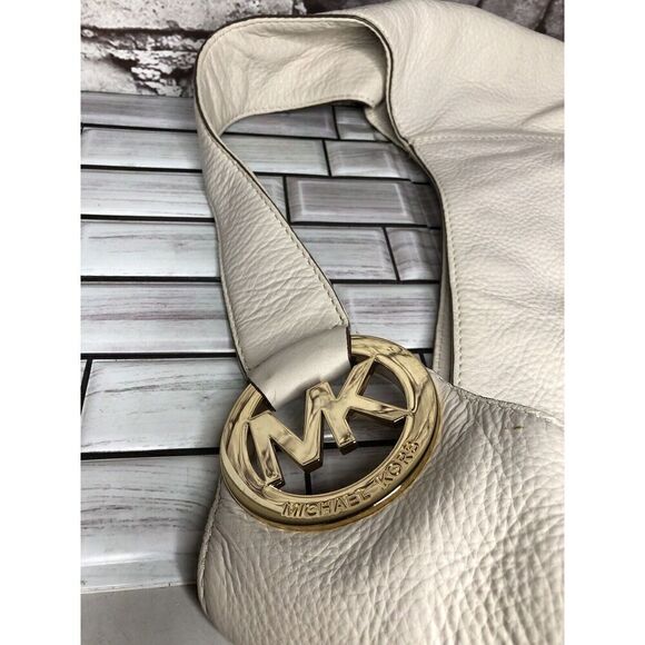 Michael Kors Gold Logo Vanilla Ivory Large Leather Shoulder Bag Handbag Purse - Picture 2 of 6